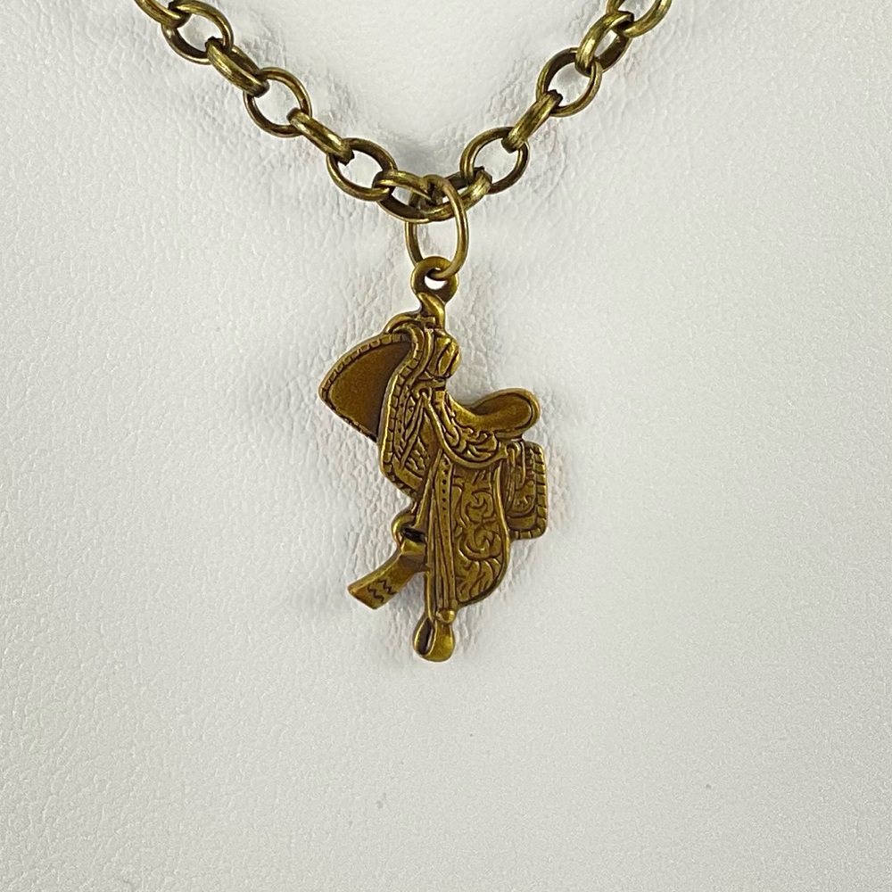 Western Saddle Pendant Necklace, Handmade, Antique Brass, Cowboy